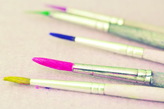 Row of artist paintbrushes closeup on white background.