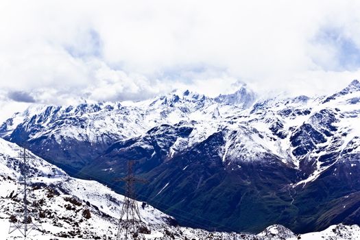 Winter landscape with snow mountains Caucasus region in Russia