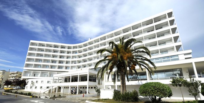 Low angle view on white hotel in Greece