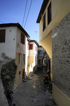 Old Greek houses in narrow streets of Kavala