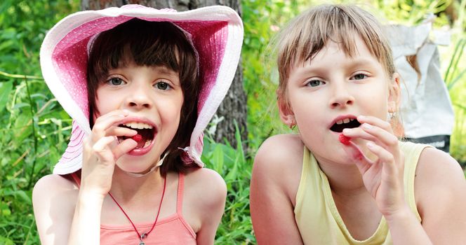 Two girls girlfriends eat raspberries on a summer sunny day.