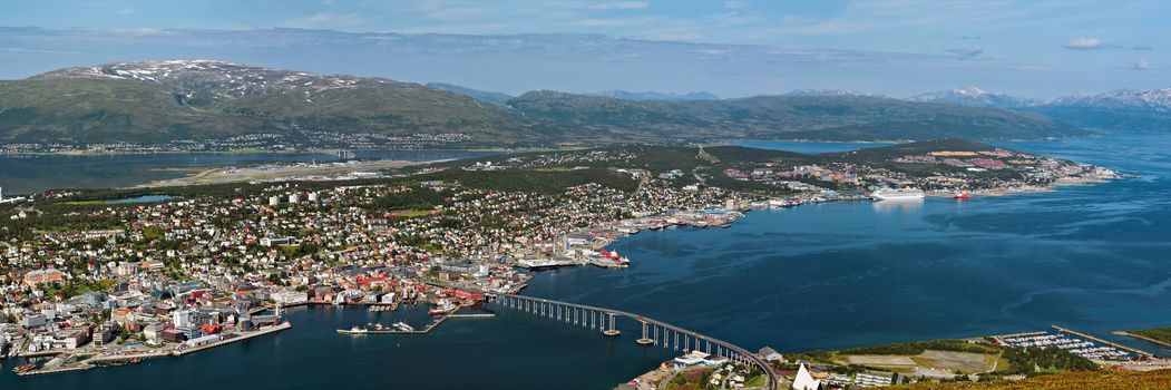 Panoramic view of Tromso and its port seen from the top of a mountain, Norway
