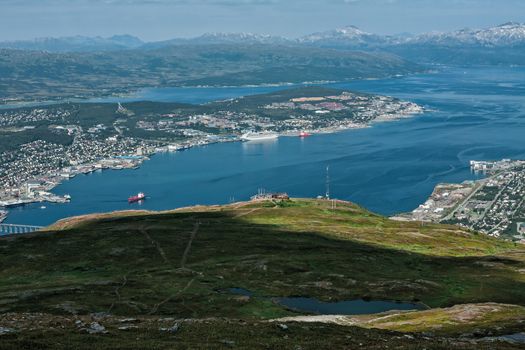 Panoramic view of Tromso and mountains seen from the top of a mountain, Norway