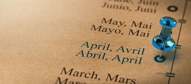 Poject or business planning with a thumb tack pointing on april. Months of the year concept. 3D illustration.
