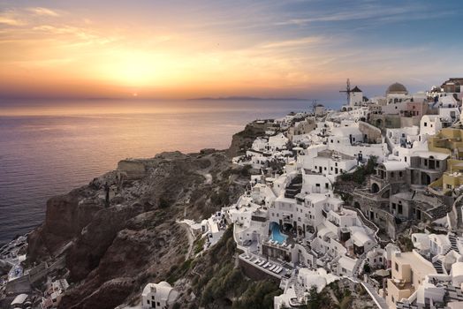 Evening time and view of Oia village on Santorini island, Greece.
