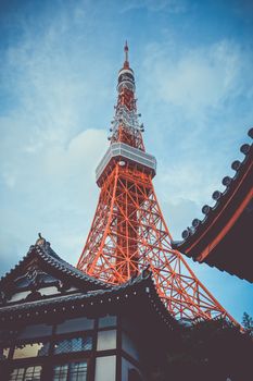 Tokyo tower and traditional shinto temple, Japan