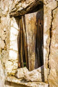 Old wodden window shutter of traditional house in the village Chamaitoulo, Crete, Greece. Digital painting.