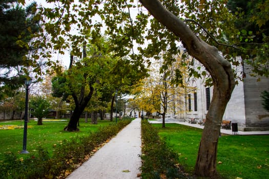 Long path and trees  in the courtyard of the  Sehzade mosque