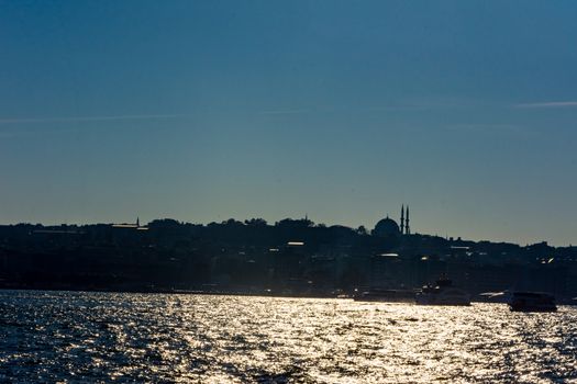 beautiful silhouette of part of  Istanbul and water lighting