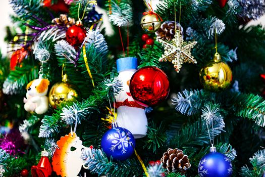 Closeup shot of christmas tree with baubles