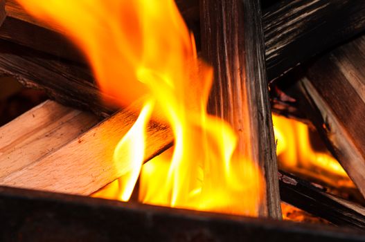 flame devouring wood sticks on a coasy fireplace in a hous