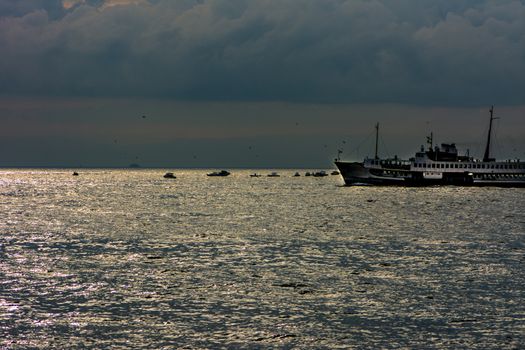 Boat on the Marmara sea in city of Istanbul during the stormy time