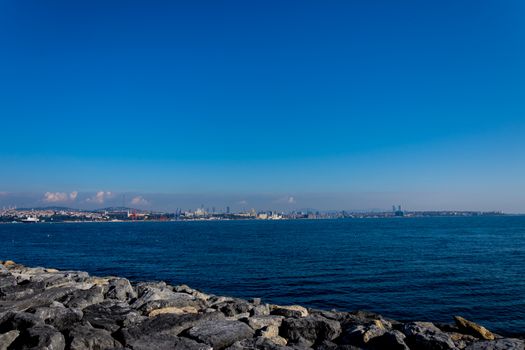 Marmara sea in Istanbul and beach of big stones