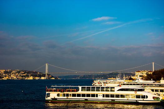 harbor at the Uskudar and Bosphorus bridge during the day