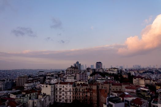 View to the urban part of the Istanbul city from the Galata Tower in the evening