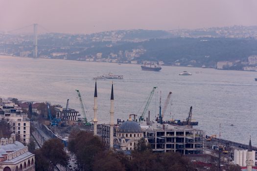 view to the Bosphorus during the foggy day from the Galata Tower