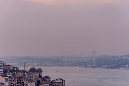 view to the Bosphorus during the foggy day from the Galata Tower