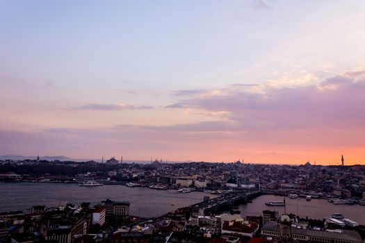 view to the Istanbul sea full of the boats traveling during the evening