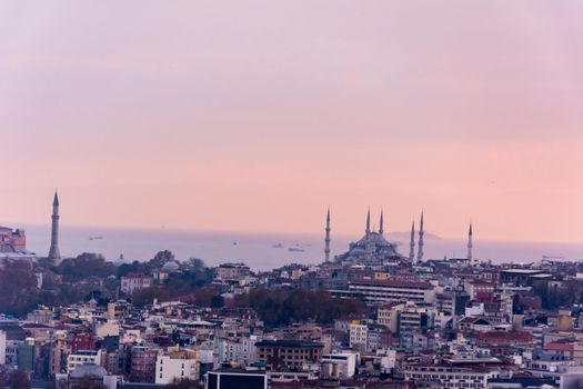 view to the urban part of the Istanbul city from the Galata Tower in the evening