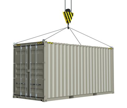 Service delivery - cargo container hoisted by hook. 3D rendering