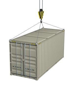 Service delivery - cargo container hoisted by hook. 3D rendering