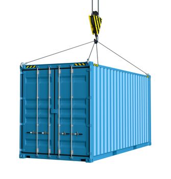 Service delivery - blue cargo container hoisted by hook. 3D rendering
