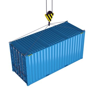 Service delivery - blue cargo container hoisted by hook. 3D rendering