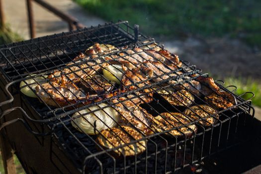 barbecue camping kebab with vegetables summer vacation