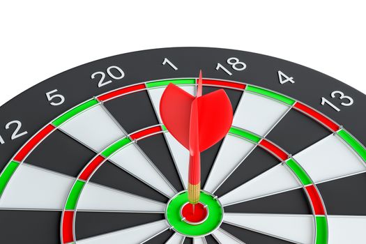 Target dart arrow hitting in the center of dartboard. 3d illustration