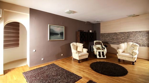 Empty modern large living room with modern furniture