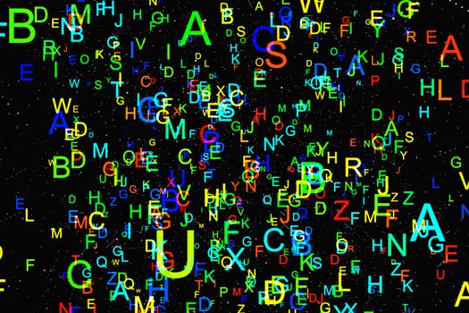 Abstract colorful alphabet fly on black background. Education concept