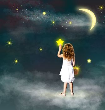 A little girl places the asterisks in the sky. A little girl holds a basket with asterisks and places them in the sky. Girl on the background of the starry sky. Starry sky and clouds.                                                      