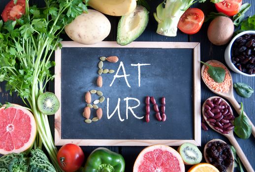 Fat burn on a chalkboard surrounded by fresh detox food ingredients