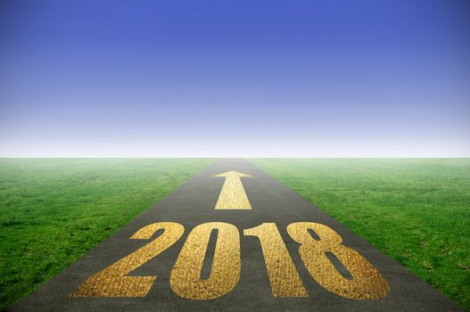 2018 printed in gold on road with green grass on each side