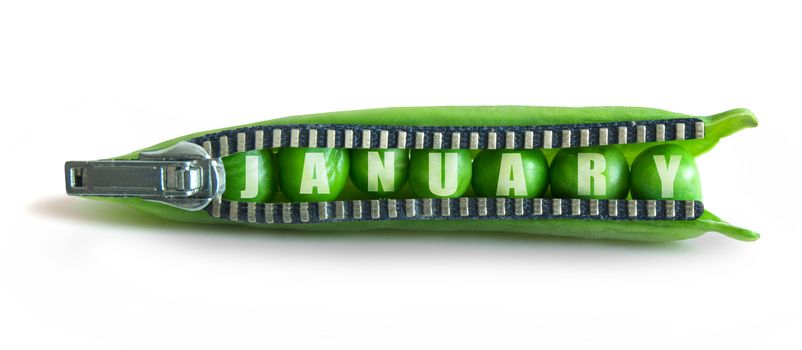 Snap peas labeled with january inside a pod with zipper over a white background