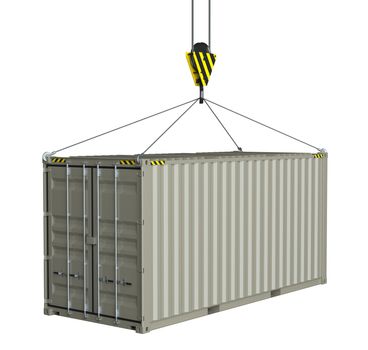 Service delivery - cargo container hoisted by hook. 3D rendering