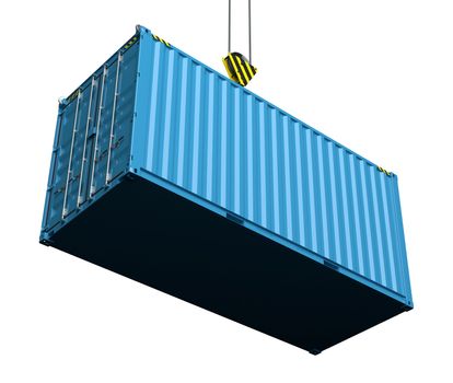 Service delivery - blue cargo container hoisted by hook. 3D rendering