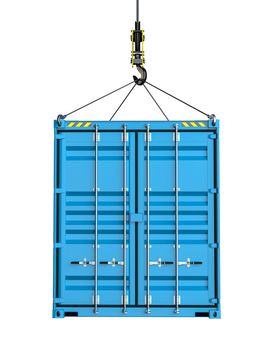 Service delivery - blue cargo container hoisted by hook. 3D rendering