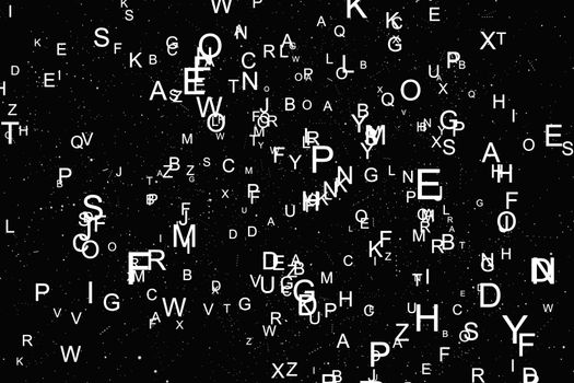 Abstract white alphabet fly on black background. Education concept