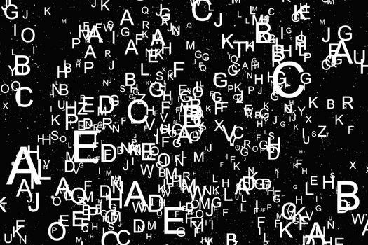 Abstract white alphabet fly on black background. Education concept