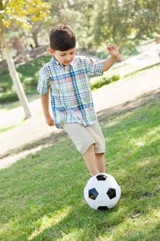 Cute Young Boy Playing with Soccer Ball Outdoors in the Park.