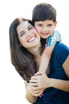 Young Mixed Race Mother and Son Hug Isolated on a White Background.