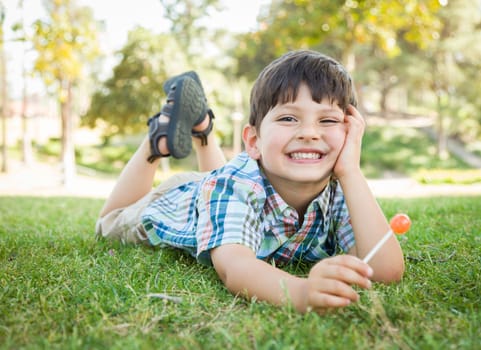 Handsome Young Boy Enjoying His Lollipop Outdoors on the Grass.