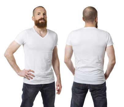 Photo of a man with a beard and wearing a blank white t-shirt, front and back. Ready for your design or artwork.