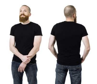 Photo of a man with a beard and wearing a blank black t-shirt, front and back. Ready for your design or artwork.