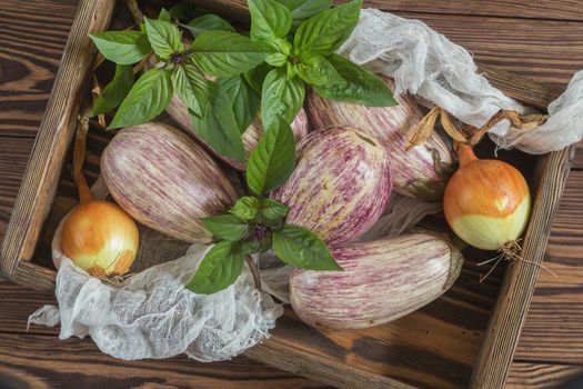 Purple graffiti eggplants, onion and green fresh basil in a wooden box in a vintage wooden background in rustic style, selective focus