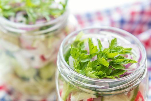 Homemade healthy salads with vegetables, onion, parsley and lettuce in jar. Toning. Selective focus.