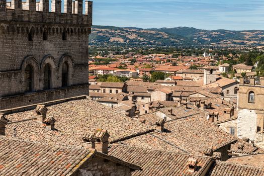 Gubbio (Italy): View of the ducal palace and view of the splendid Italian roofs