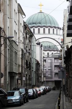 Low angle view from the street on Saint Sava temple in Belgrade