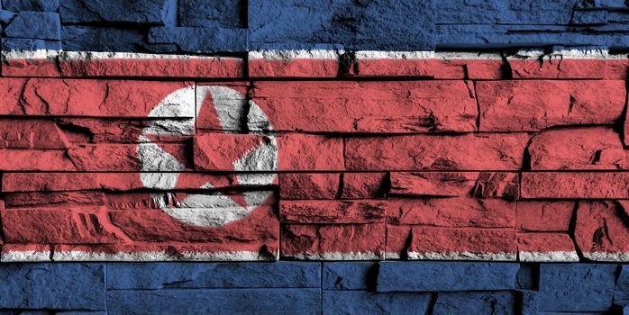 North korea flag painting on high detail of old brick wall . 3D illustration .